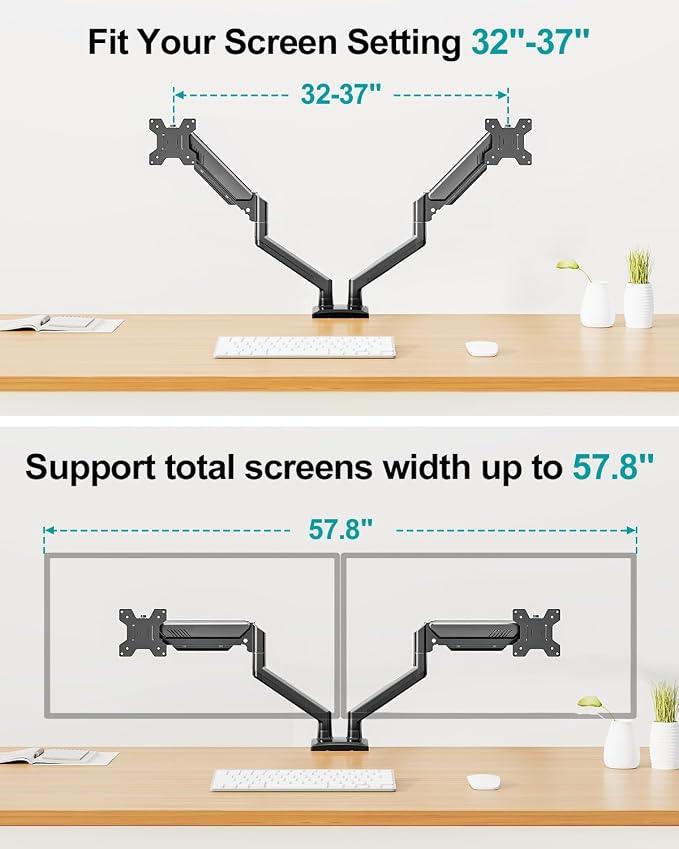 Dual Monitor Arm Desk Mount Fits 13 to 32 inch Computer Screens, Holds 4.4 to 22lbs Display VESA Mount, Adjustable Double Monitor Stand with Clamp/Grommet Base, 75/100mm Bracket, Black, Freelift