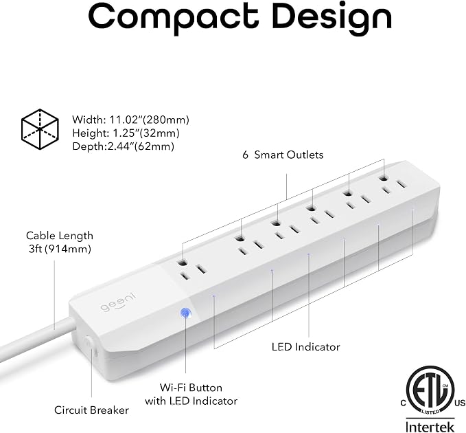 Geeni Smart Surge Protector Power Strip with 6 Wi-Fi Controlled Outlets, Real-Time Energy Monitoring, 3ft Extension Cord, App Control, Compatible with Alexa & Google Assistant, Smart Power Strip