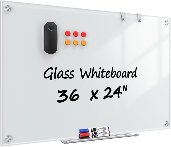 Glass Whiteboard 36" x 24", Frameless Wall Mounted Dry Erase Board with Tempered Glass Surface, Steel-Backed Magnetic Support, Tray, Eraser, Markers & Magnets for Office, School, Home