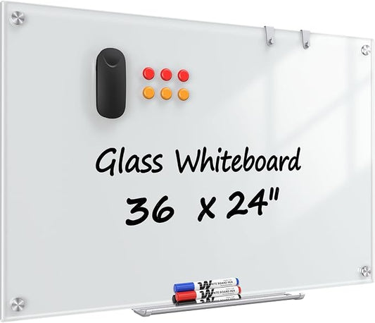 Glass Whiteboard 36" x 24", Frameless Wall Mounted Dry Erase Board with Tempered Glass Surface, Steel-Backed Magnetic Support, Tray, Eraser, Markers & Magnets for Office, School, Home