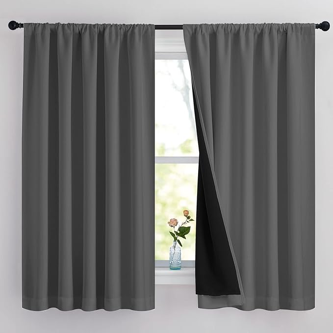 NICETOWN Cold Reducing Curtains, 100% Blackout Curtains 63" Long, Soft Thermal Insulated Rod Pocket 2-Layer Lined Drapes, Energy Efficiency Window Draperies for Bedroom (Grey, 2 Panels, 62-inch W)