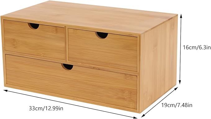 Desk Organizer, 12*7.48*7.87inch Bamboo Desk Organizer Tabletop Storage Organization Box Mini Tabletop Storage Box Countertop Drawers with Baffles for Cosmetics Collections (12.99*7.48*6.3inch)