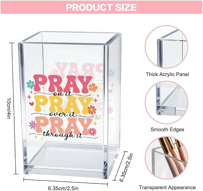Pray on it Pray through it Acrylic Cosmetic Pencil Pen Holder Cup, Bible Verse Pen Holder Cup, Women Faith Gifts, Christian Gifts for Women Mom Daughter Sister Friend Colleague Boss Teacher