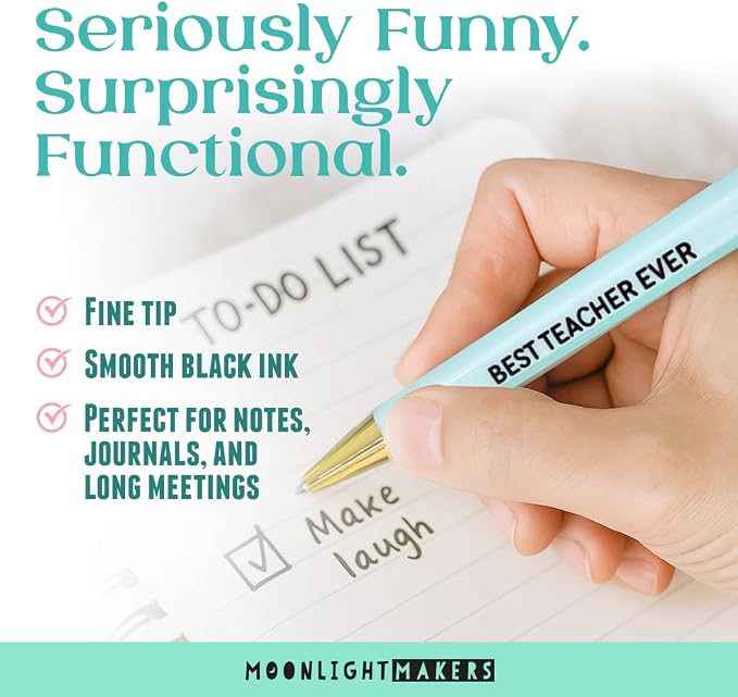 Moonlight Makers Funny Pens — Cute Pens for Teachers, Snarky Black Ink Ballpoint with Sayings, Fine Point Office Desk Accessories for Women and Coworkers Gift Ideas, Set of 5, Best Teacher Ever