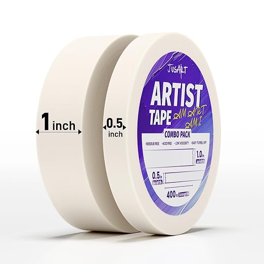 JusArt 2 Packs Artist Tape for Watercolor Paper, 1/2 inch and 1 inch Wide Total 400FT Long, White Art Tape for Masking, Drafting and Painting, Acid Free, Low Tack