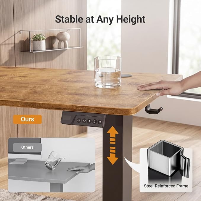 Claiks Electric Standing Desk 35x20 Inch Adjustable Desk, Rustic Brown | 156lbs weight capacity, 3 memory presets, industrial steel frame, cable management hub, adjustable height , easy assembly