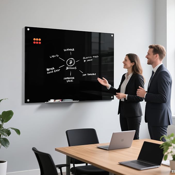 MaxGear Glass Whiteboard Tempered Magnetic Dry Erase Board 48x36 Inch Black | Magnetic Steel,Frameless Design,Smooth Writing,Ghost Free,Wall Mounted,Accessory Kits,Office Classroom Conference Room Use
