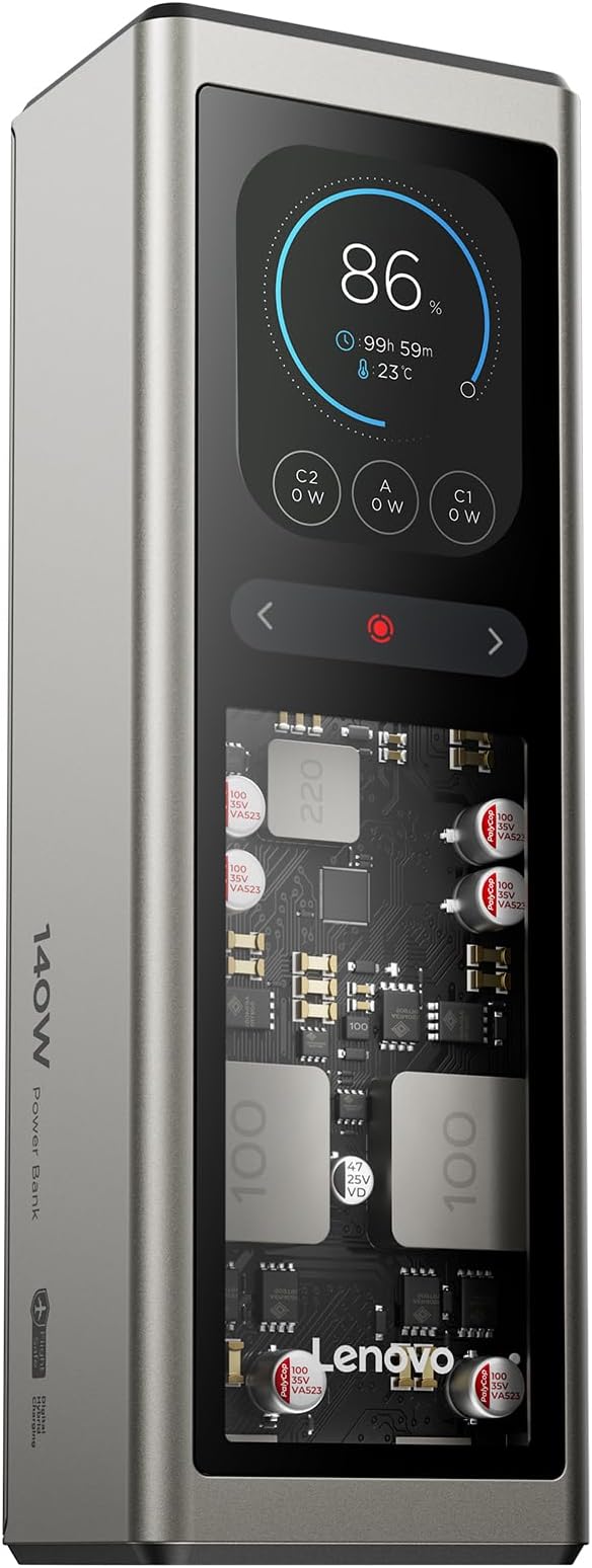 Lenovo Laptop Portable Power Bank, 20,000 mAh 3-Port USB-C 140W Digital Hybrid Charger, TFT Display, Travel Charging Station with 240W Cable for ThinkBook 14, MacBook, iPhone, Samsung Galaxy