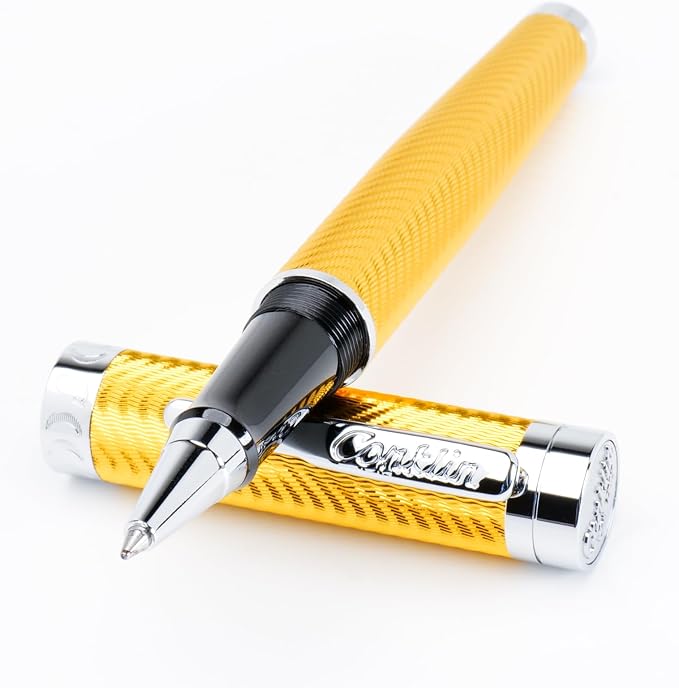 Conklin Herringbone Signature Pen Set – Yellow Rollerball + Ballpoint with Standard Refills – Luxury Writing Gift Set for Professionals, Collectors, and Everyday Use