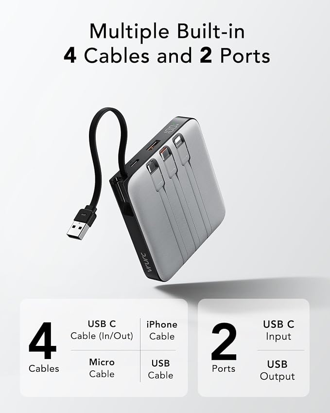 20000mAh Power Bank with 4 Built-in Cables, Travel Essentials, Gray(1 Pack) | Portable Phone Charger Fast Charging 22.5W USB C Battery Pack for iPhone 17/16/15 Series, Samsung Galaxy Series etc