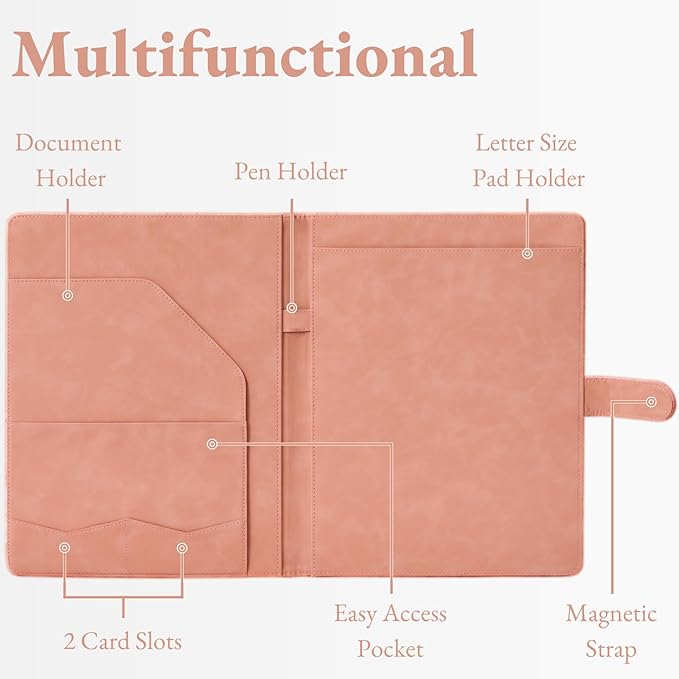 Mymazn Padfolio Portfolio Binder, Faux Leather Interview Resume Folder with Document Organizer & Business Card Holder, Letter-Sized Notepad Legal Pad Holder for Women Men (Pink)
