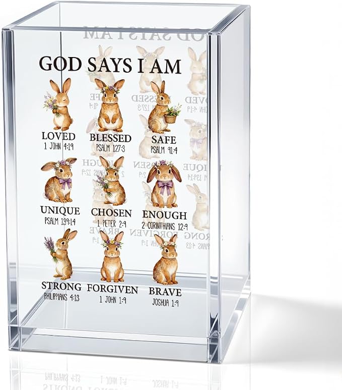 God Says I Am Loved Acrylic Pencil Pen Holder Cup, Rabbit Printing Makeup Brush Storage Organizer, Women Bible Verse Affirmations Desk Accessories Holder, Graduation Gifts for Daughter Niece