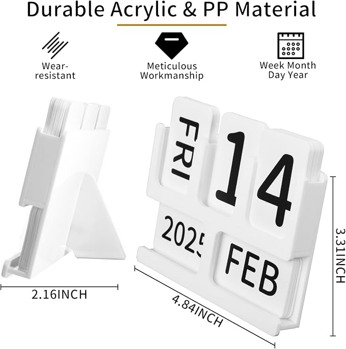 Acrylic Perpetual Calendar for Desk, Vintage Desktop Perpetual Calendar 2025-2034, Large Date Display Flip Blocks Tabletop Decor Daily Calendar Desk Accessory for Daily Office Home decoration (White)