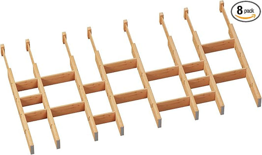 8 Pack Kitchen Drawer Dividers with Inserts, Bamboo Adjustable Drawer Organizers, Expandable Organization for Home, Dressers, 8 Dividers with 16 Inserts