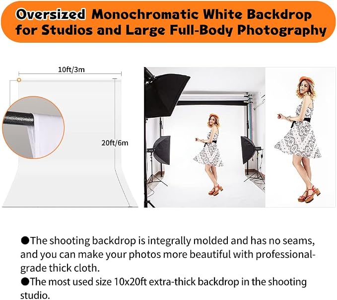 White Backdrop for Photoshoot, 10x20 ft Large Photo Backdrop Curtain for Photography, Seamless Polyester Fabric Background Screen for Party, Video Studio