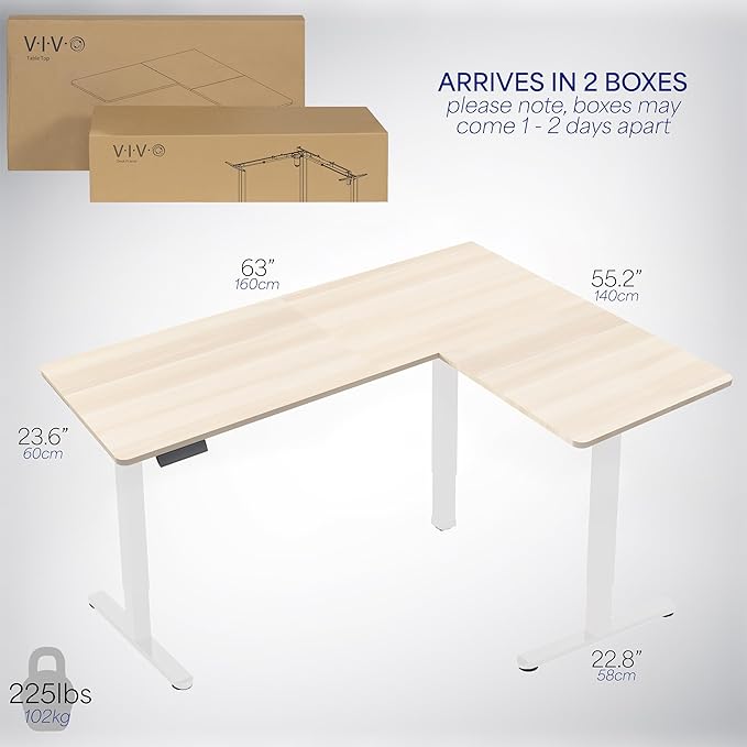 VIVO Corner Standing Desk, 63 x 55 inch Reversible L-Shaped Workstation, Electric Height Adjustment, Home, Office, and Reception Rooms, Light Wood Table Top White Frame, DESK-E3CTC