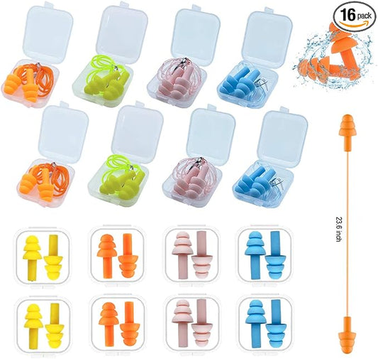 Silicone Ear Plugs for Sleeping,16 Pairs Soft Waterproof Noise Canceling Reduction Earplugs Waterproof Reusable Sound Blocking Earplugs for Concert,Swimming,Study,Loud Noise,Snoring (Light)