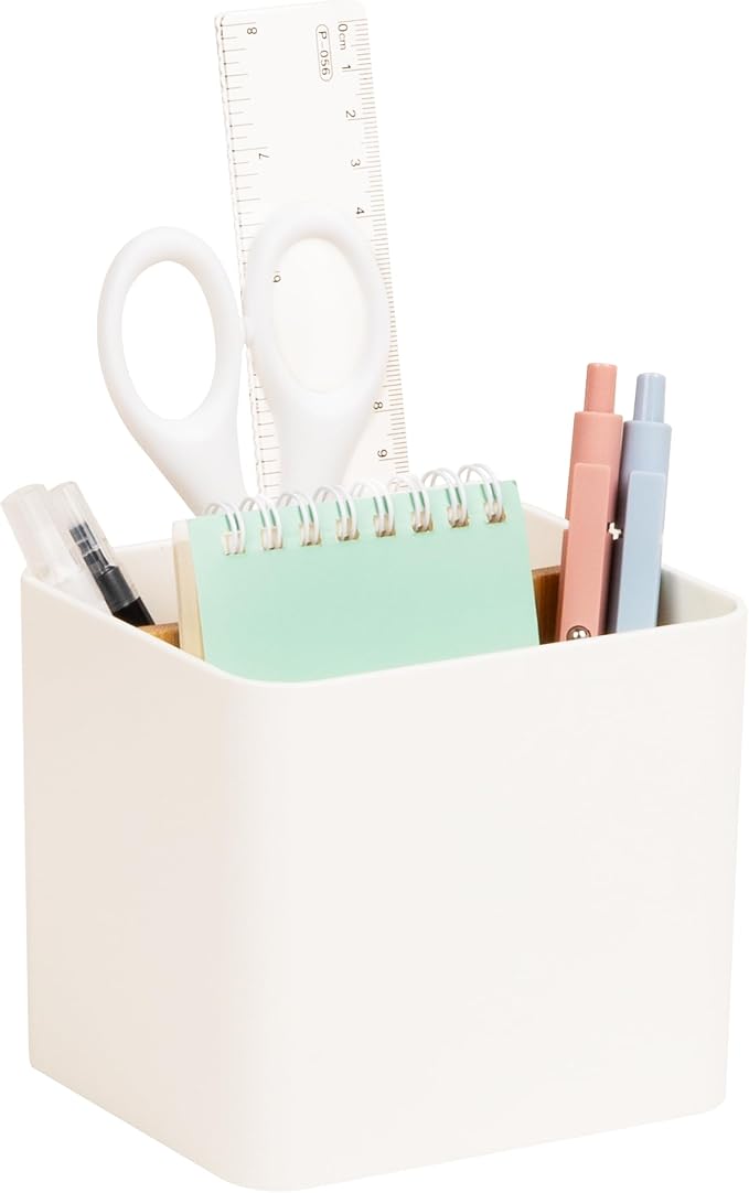 Mind Reader 2-Compartment Desktop Organizer, Removable Wood Divider, Non-Slip Base, Plastic and Wood, White