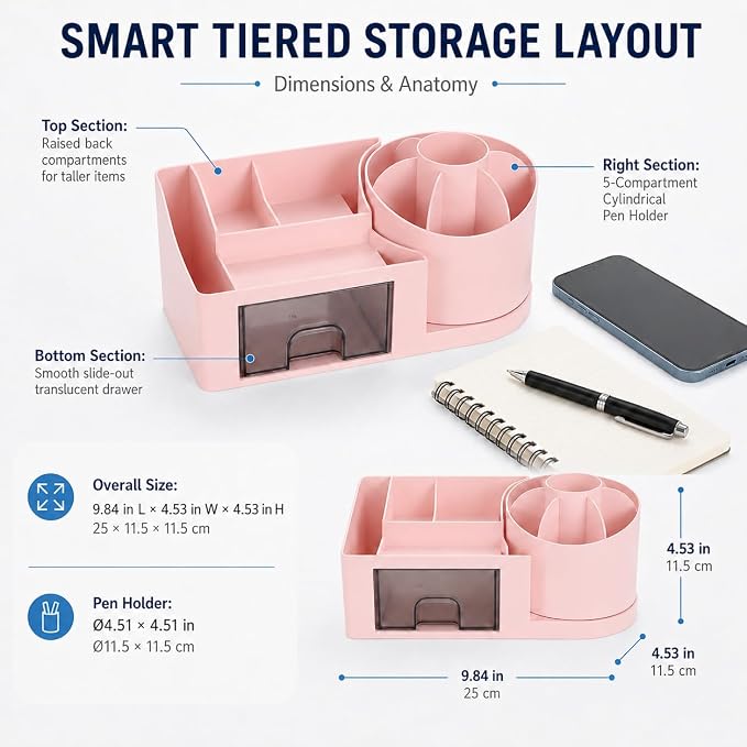 Qomamount Desk Organizer with Drawer,Office Supplies Organizer and Pen Holder for Desk,Modern Desktop Stationery Storage Box for Home Office,School,Study Room and Vanity(Pink)
