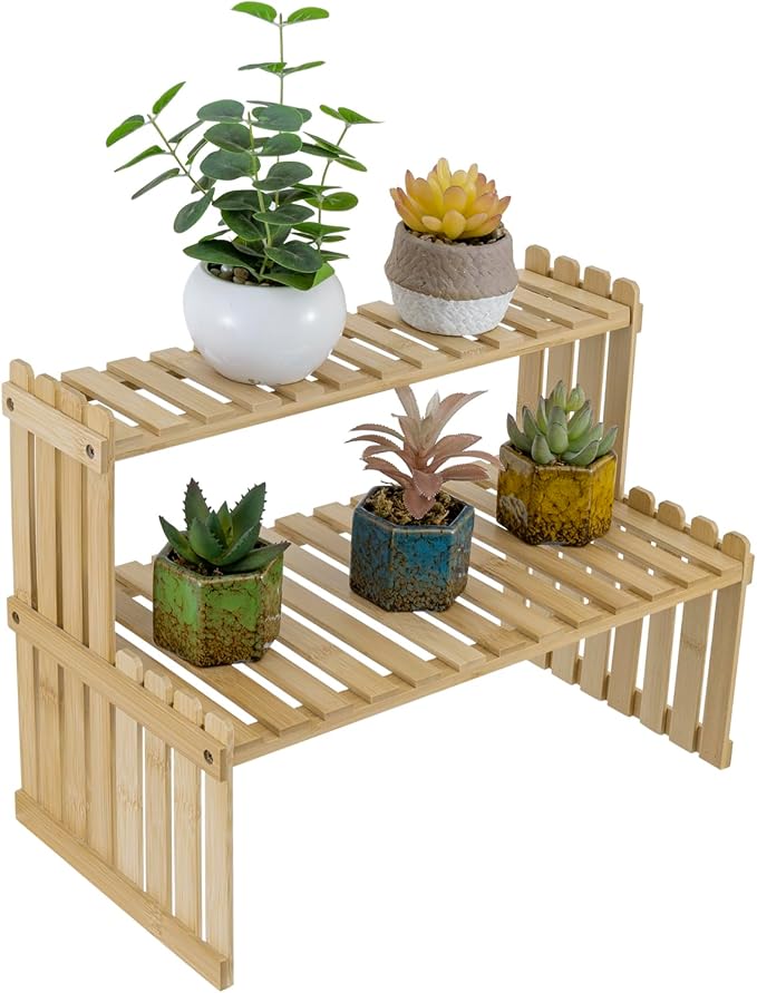MyGift Bamboo Desktop Plant Stand, 2 Tier Slatted Shelf Organizer Rack | Natural bamboo stand adds two tiers for displaying plants, décor and essentials while keeping desks and countertops organized