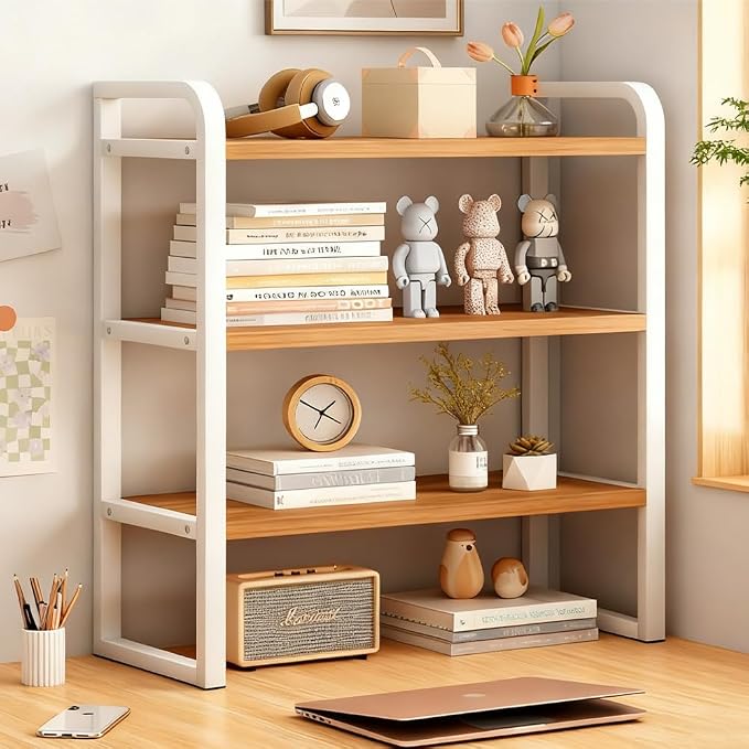 Office Desk Shelf Organizer, Wood Desktop Bookshelf Supplies Storage Rack, Shelf for Top of Desk and Dresser and Cubicle Decor Aesthetic Bookshelf (White Wood-three Tier, 11.81 Lx7.87 Wx22.05 H)