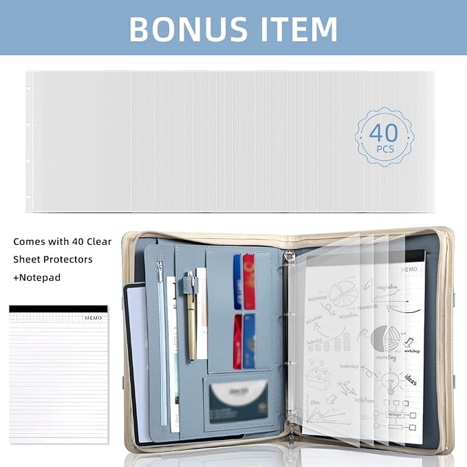 Zippered Padfolio Portfolio Binder, 40 Sleeves & Tablet Holder Case | Features 40 transparent sleeves, tablet pocket & writing pad. Textured leather for office & travel. Secure zipper closure.