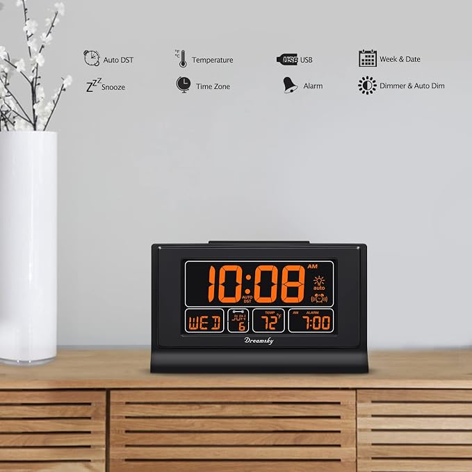 DreamSky Alarm Clocks for Bedrooms with Battery Backup, Auto Set | Digital Clock with Date & Day of Week, 5 Inch Large Display, Weekday, Temperature, USB Port, Auto DST, Brightness Dimmer