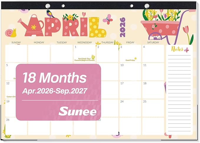 SUNEE Desk Calendar 2026 17x12, 18 Months, Apr. 2026 to Sep. 2027, Academic Calendar 2026-2027, School Year Large Desktop Calendar Monthly for Teacher, Cute with Note
