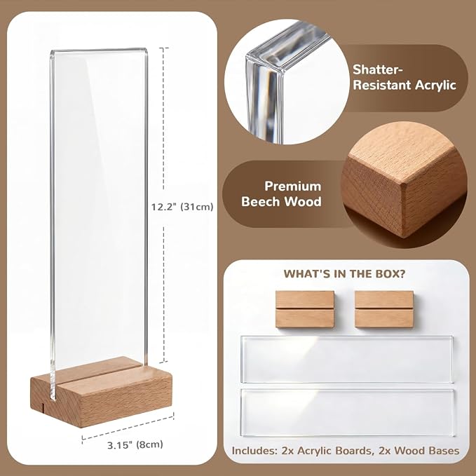 2 Pack Monitor Memo Board, Freestanding Acrylic Sticky Note Holder | No adhesive: 12.2 in acrylic board lifts off a weighted 3.15 in wood base; sits beside curved, bezel-less or dual monitors
