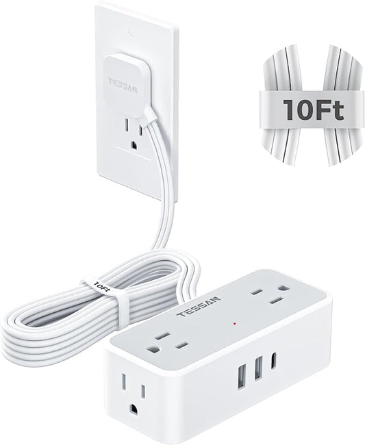 TESSAN Flat Plug Extension Cord 10 FT, Surge Protector Power Strip with 4 AC Outlets 1 USB C and 2 USB A Ports, 900 Joules Protection, Multiple Wall Outlet Extender Suitable for Office Dorm, Grey