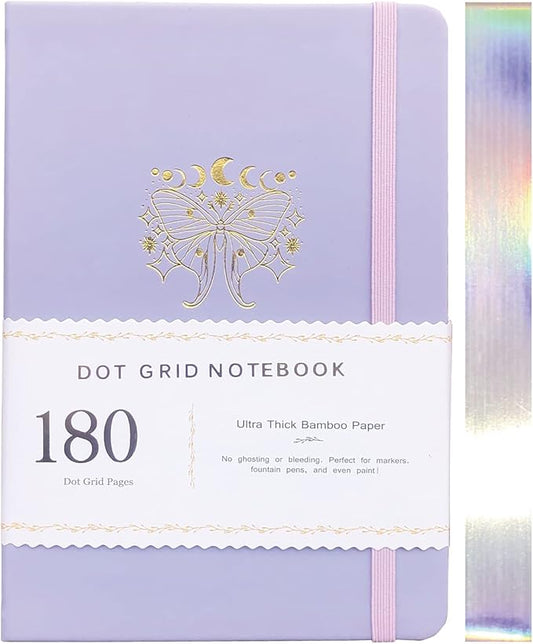 BUKE Dotted Notebook Journal 180GSM Bamboo Thick White Paper 160 Pages 5 * 5MM Dot Grid, Lay Flat Binding,Colored Silver Edges, Bookmarks and Expandable Back Pocket (BKP-5)