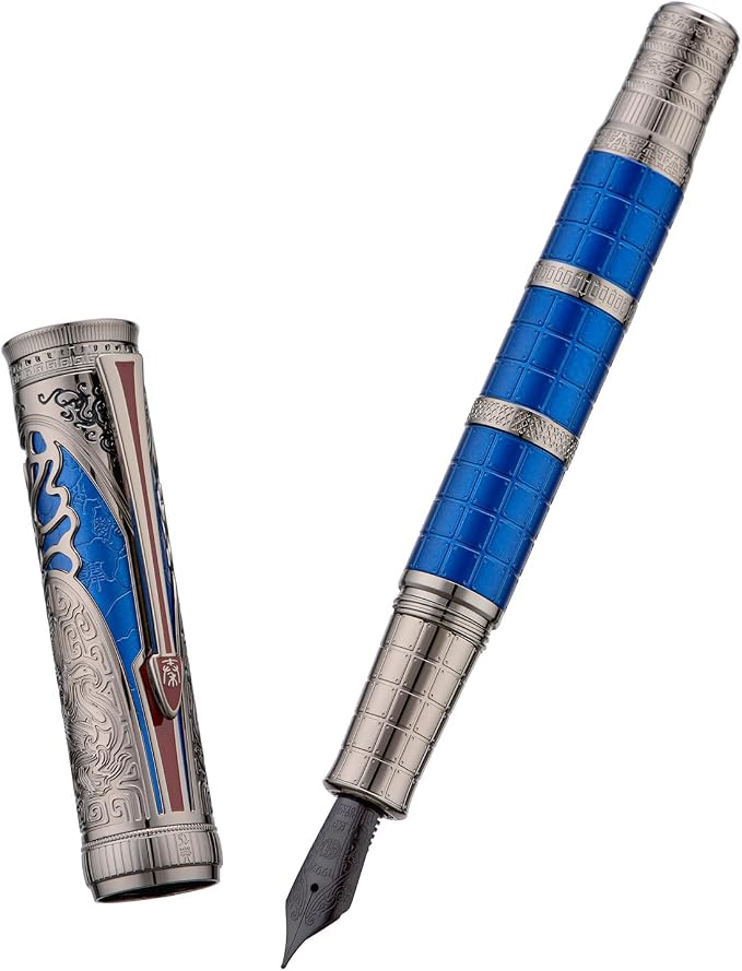 Hongdian D5X Fountain Pen Blue Color Fine Nib, Qin Dynasty Retro Chinese Totem Engraving Smooth Writing Pen with Converter and Pen Box Set
