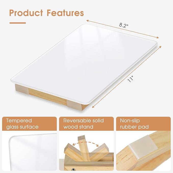 Desktop Glass Dry Erase Board, 11" x 8.2", Adjustable Wood Stand, Reusable | Small Glass Whiteboard, Desk Notepad for Home Office