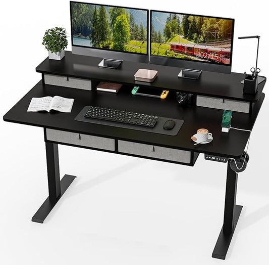 Kingant Electric Standing Desk with 4 Drawers,USB Charging Ports 55"x 30" | Ergonomic Height Adjustable Large Workstation, Heavy-Duty Sit Stand Up Desk For Home Office Daily Work,Black