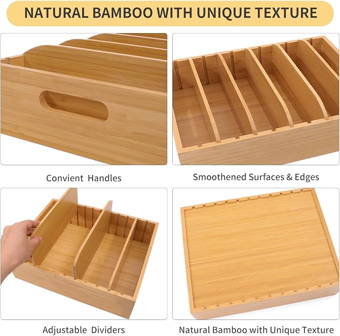 Bamboo Lid Holder Food Container, Kitchen Organizer with 5 Adjustable Dividers, Cabinet Organizer for Food, Kitchen Gadget, Container Lids (2pcs)