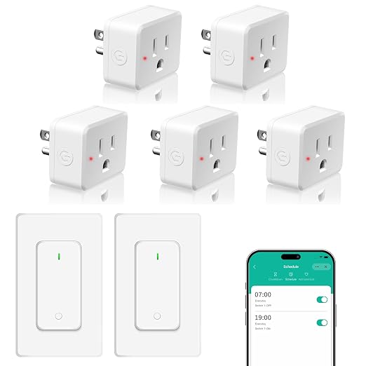 NineLeaf Slim WiFi Smart Plug w Switch, Remote App Control, 15A/1500W, Compatible with Alexa/Google Home via Tuya, Compact Design Control Anywhere,Timer/Schedule, TUV FCC, 2.4G Only(2Remotes 5Outlets)