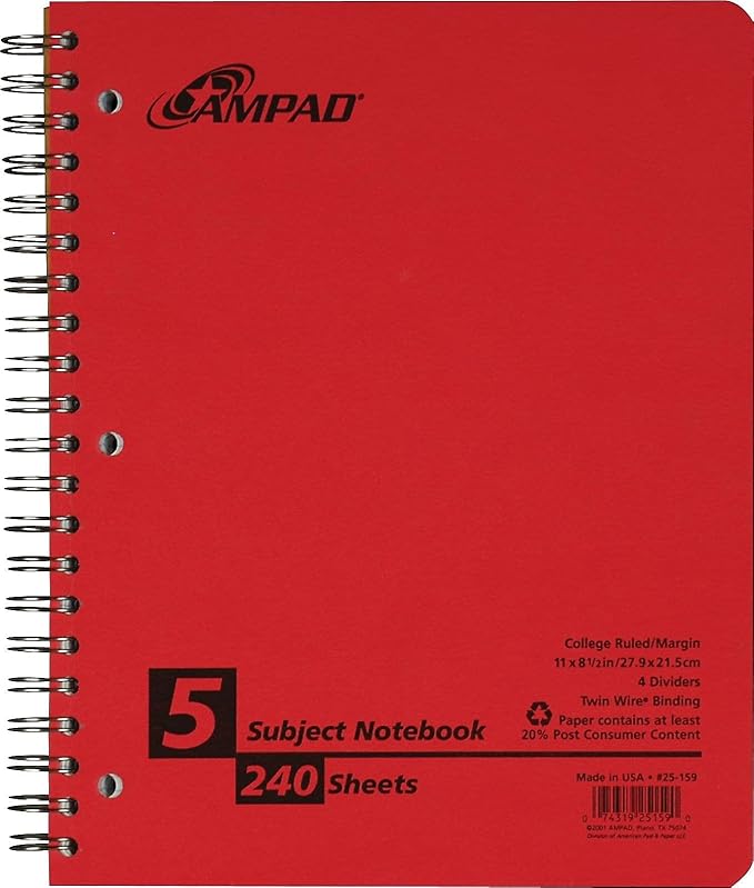 Earthwise by Oxford Recycled 5-Subject Notebook, 8-1/2" x 11", College Rule, 3-Hole Punched, 240 Sheets (25-159R)