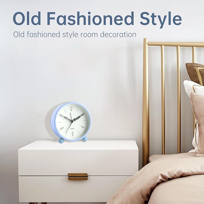 Analog Alarm Clock, 4 inch Super Silent Non Ticking Small Clock with Night Light, Battery Operated, Simple Design, Old fashioned Style SkyBlue decor, for Bedroom, Bedside, Desk, Adult, Gift, Blue