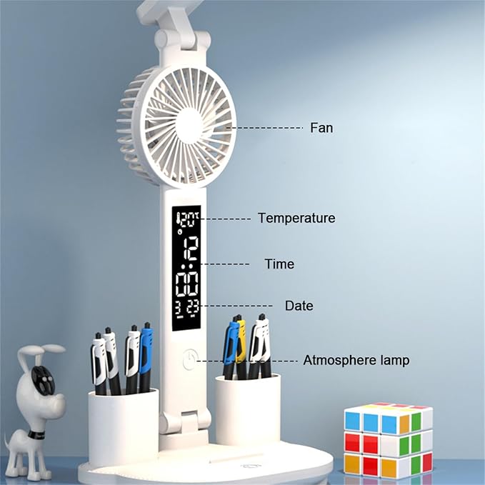 Multifunctional LED Desk Lamp with Cooling Fan Digital Time Temp Display 3 Color Mode Stepless Dimmable Eye-Caring Table Light Foldable Pen Holders USB Type-C (Double horizontal strip light, Touch)