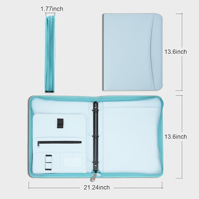 OOWOLF Padfolio Portfolio Folder, PU Leather Professional with 1 inch 3 Ring Binder 8.5 x 11 Letter Size Writing Pad Interview Resume Document Organizer Business Card Holder Zippered Closure Blue