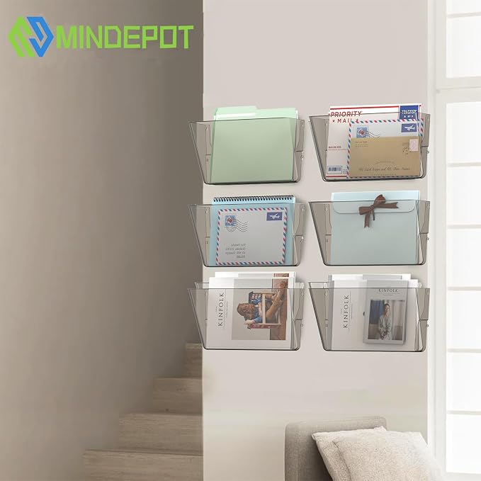 MINDEPOT 6 Pockets Acrylic Wall File Organizer, Clear Wall File Holder, Plastic Hanging Wall File Holder for Office, School and Home, Smoky