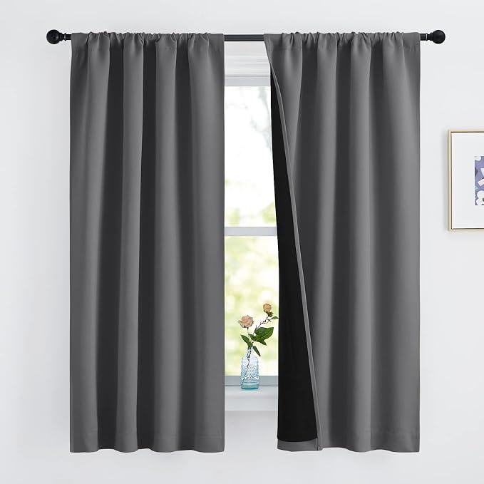 NICETOWN 100% Blackout Cold Blocking Curtains 63 inches Long, Soft Thermal Insulated Rod Pocket 2-Layer Lined Drapes, Energy Efficiency Window Draperies for Bedroom (Grey, 2 Panels, 42-inch W)