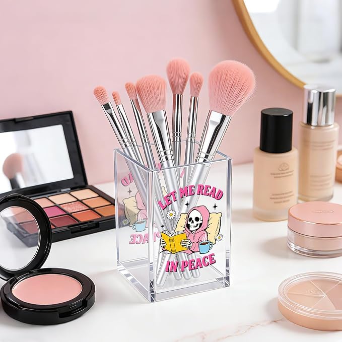 Let Me Read In Peace Acrylic Pencil Pen Holder Cup, Reading Book Club Makeup Brush Storage Organizer, Cute Bookish Desk Accessories Holder Gifts for Daughter Reader Librarian Teacher Holders