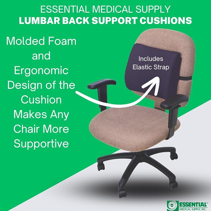 Essential Medical Supply Molded Lumbar Cushion in Navy with Elastic Positioning Strap - Perfect for Office or Car Chairs, Provides Lower Back Support and Comfort
