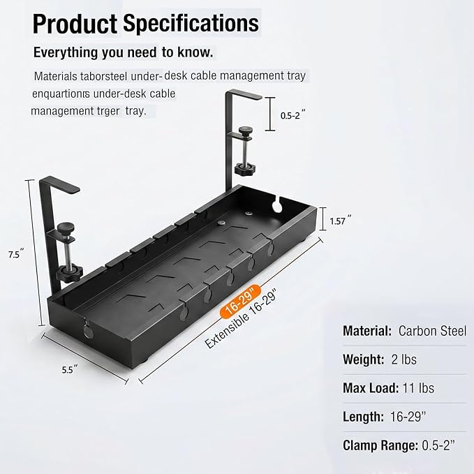 Under Desk Cable Management Tray, 16-29" Adjustable Metal Cord Rack | 【Heavy-Duty 11lbs Capacity】Easy install under desk cord organizer fits power strips & routers. Perfect for home office setups