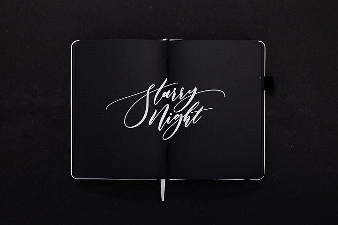 Scribbles That Matter Black Paper Bullet Dotted Journal Notebook | A5 Starry Night Free white gel pen | 160gsm Blackout no-bleed dot grid paper | For Men and Women | 5.75 x 8.5 in | White
