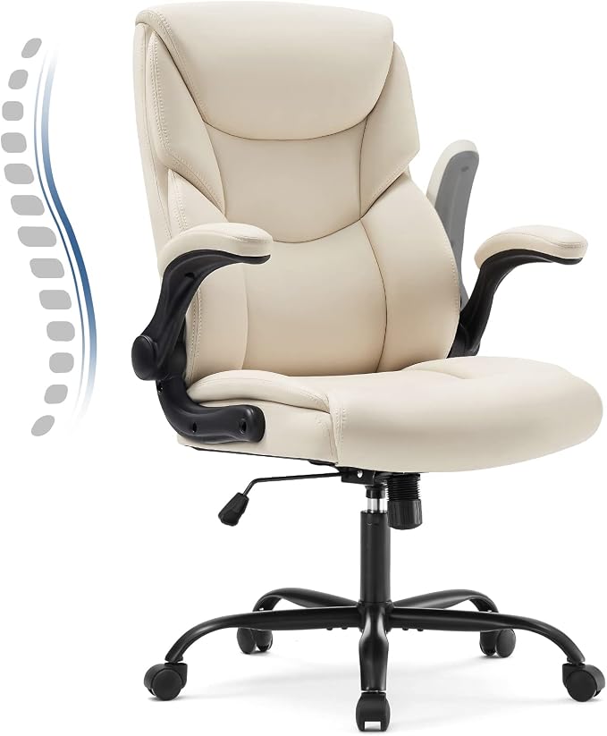 DUMOS PU Leather Office Chair - Ergonomic Executive Computer Desk Chairs with Adjustable Flip-up Armrest, Swivel Task Chair with Lumbar Support, Strong Metal Base, Cream White