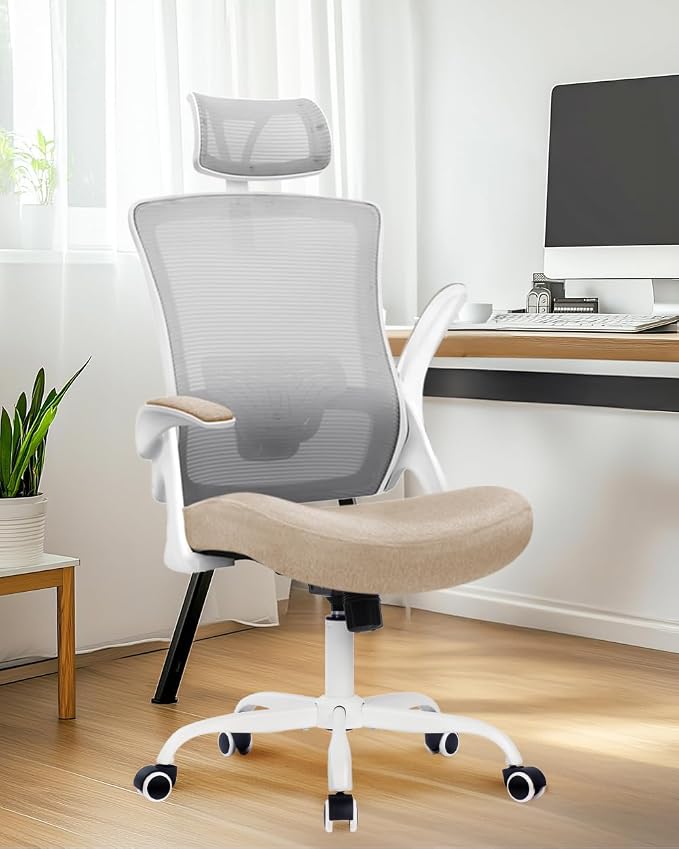 NEO CHAIR Office Chair High Back Desk Mesh Chair Comfy Computer Gaming Seat with Adjustable Ergonomic Headrest Lumbar Rolling Flip-up Armrests and Wheels (Beige)