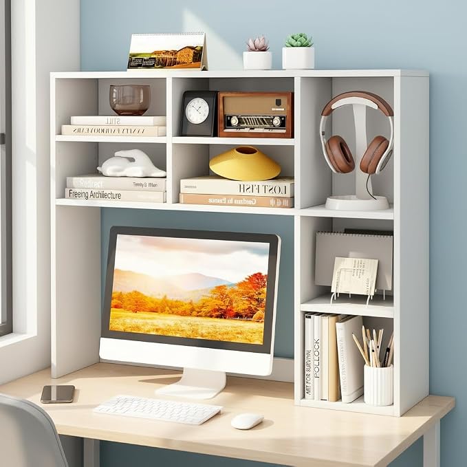 Tangkula Desktop Bookshelf, 37" Countertop Storage Hutch with 7 Cubes & 3 Adjustable Shelves, 3-Tier Desk Display Rack Organizer, Multipurpose Wood Desktop Hutch for Dorm Home Office (White)