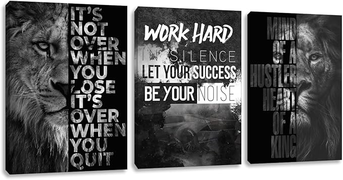 Motivational Canvas Wall Art 3 Pieces Lion Poster Inspirational Positive Wall Art Quotes Success Canvas Picture Print Artwork Framed for Home Office Room Gym Workplace Wall Decor (48''Wx 24''H)